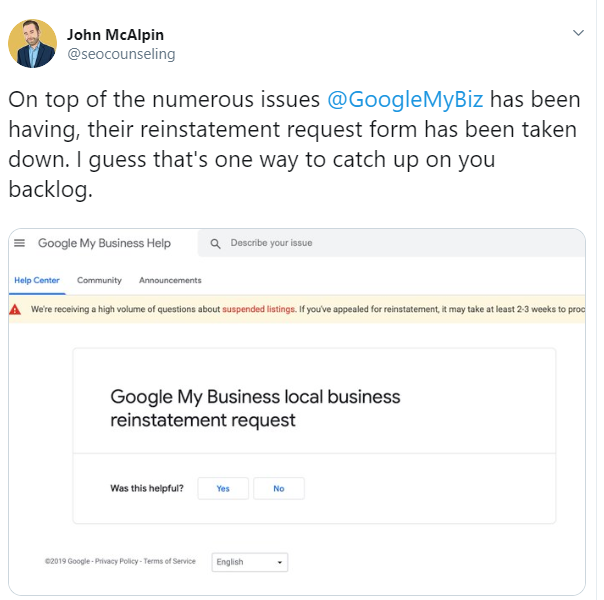 Google My Business removes reinstatement forms