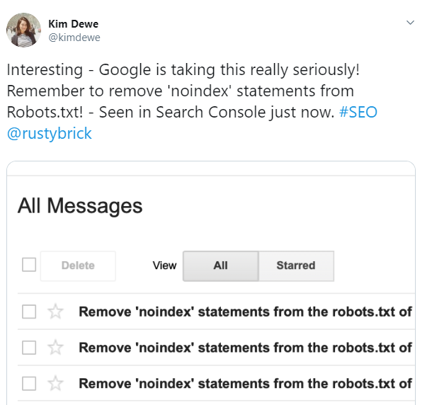 google search console sending notifications for noindex robots.txt directive